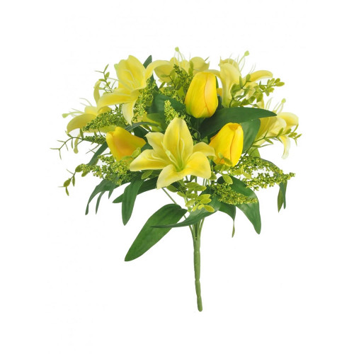 Mixed Spring Faux Silk Flower Bunch Lilies and Tulips Yellow
