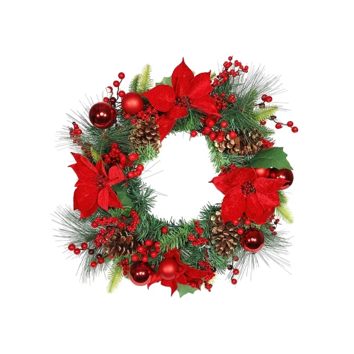 Artificial Pine Wreath With Poinsettia, Baubles, Gold Cones & Berries
