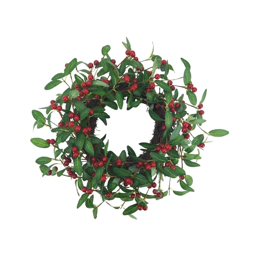 Faux Silk Green Leaf & Deep Red Berry Seasonal Natural Twig Wreath