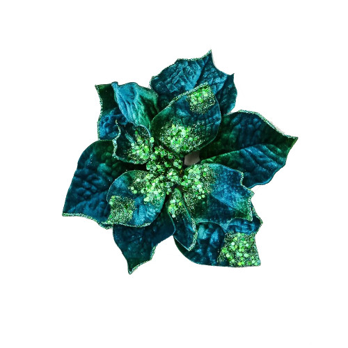 Velvet Poinsettia Decoration Glitter Blue Green