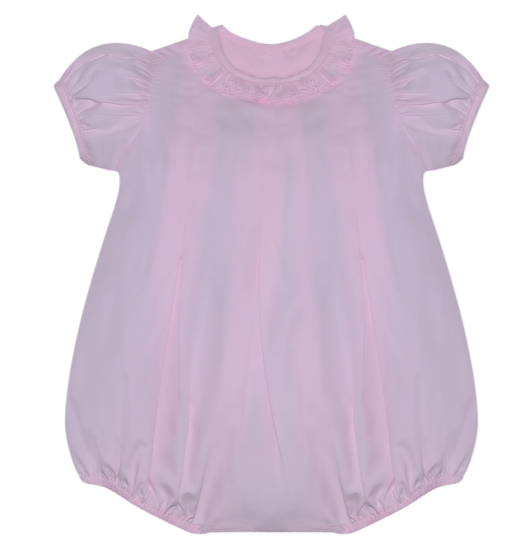 Mi Lucero Round Collar White Picot Onesie with Ruffle Sleeves and Pink Trim main image 0
