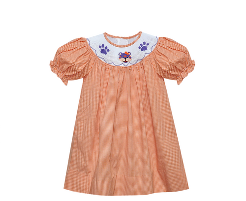 Tiger Orange/Purple Smocked Bishop Dress