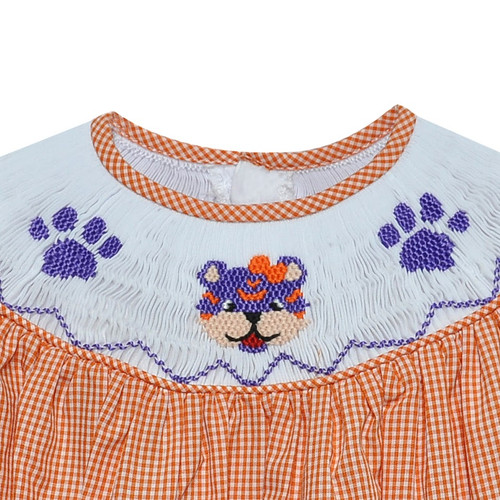 Tiger Orange/Purple Smocked Bishop Dress