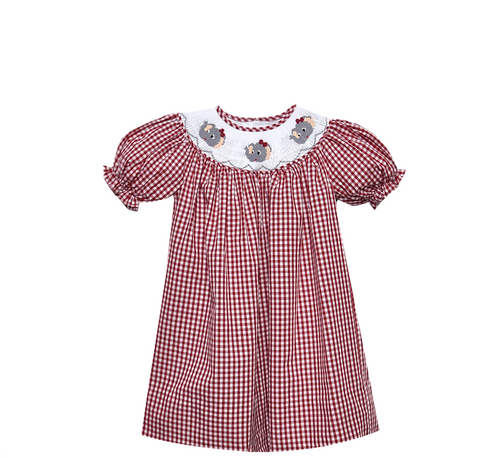 Elephant Crimson/Gray Smocked Bishop Dress