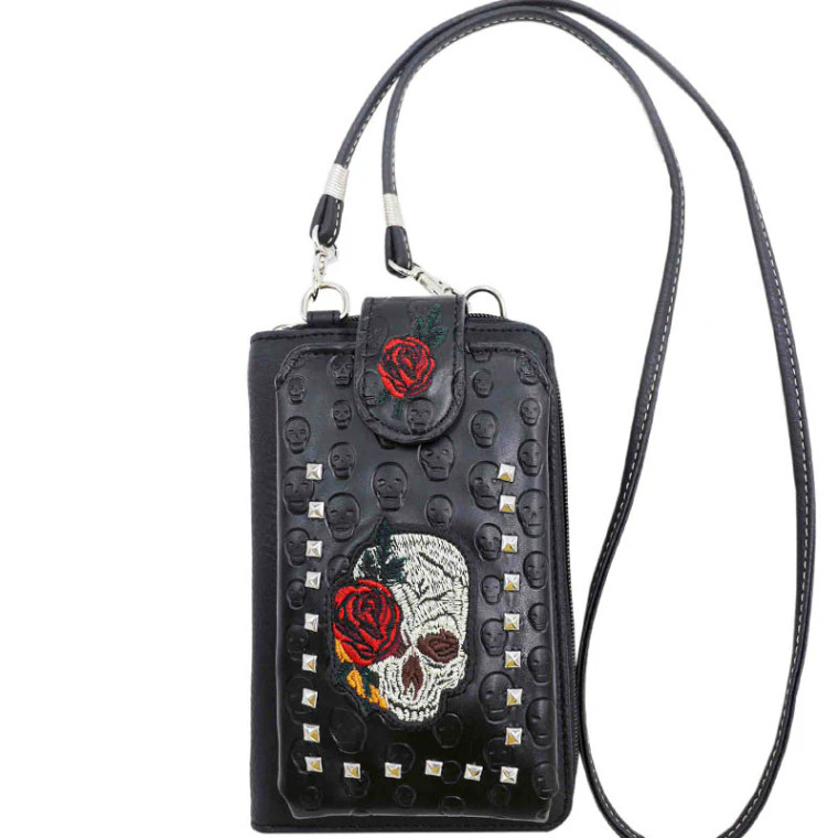 Skull Embroidery Phone Wallet with Strap