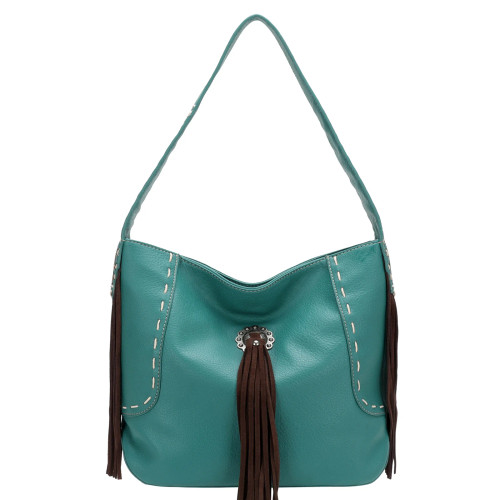 Concealed Carry Tan Turquoise Stone Concho Fringe Hobo