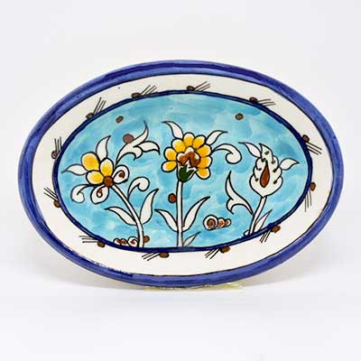 old arabia ❀blue brown flower oval plate Ceramic hand painted light blue floral oval dish