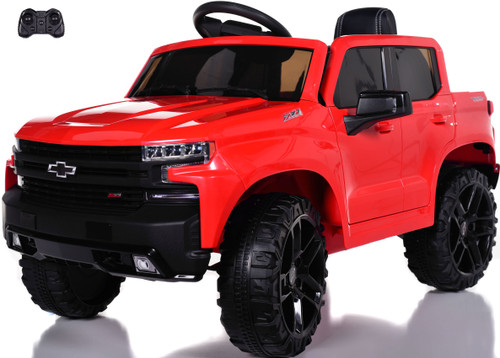 Chevy Silverado Ride On Pickup Truck w/ Remote Control & Leather Seat - Red