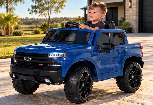 Chevy Silverado Ride On Pickup Truck w/ Remote Control & Leather Seat - Blue