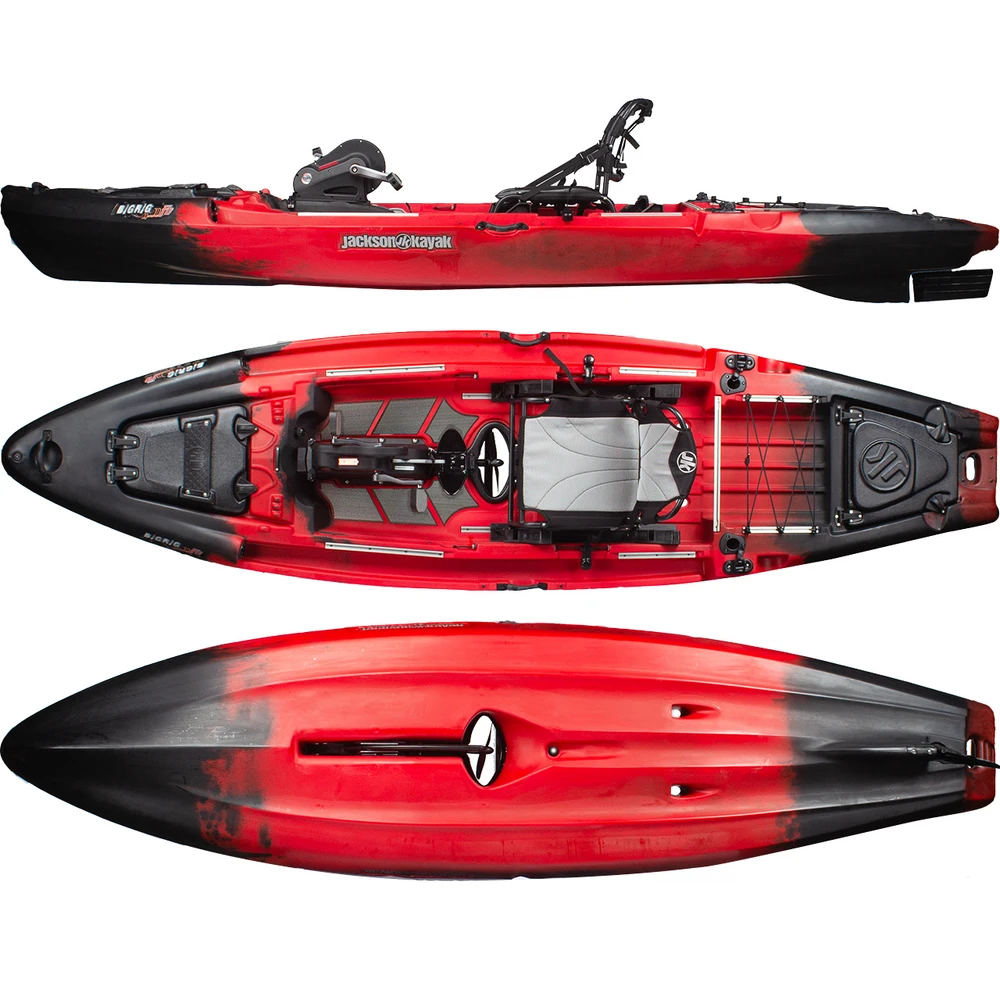 2026 Big Rig FD Black Widow, Side, Top & Bottom Views. Red Kayak with Black Tips