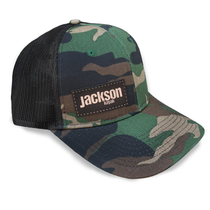 black mesh trucker hat with camo front and bill with dark brown jackson kayak leather patch logo, front black mesh trucker hat with camo front and bill with dark brown jackson kayak leather patch logo, front