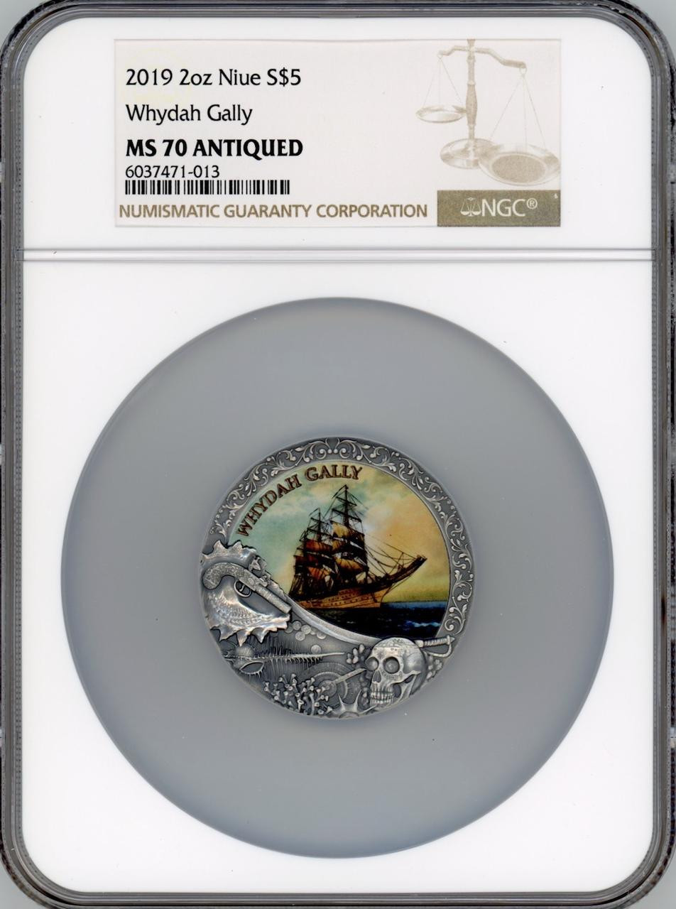 Whydah Gally Grand Shipwreck 2019 Niue $5 Silver Coin 2oz NGC MS70 ANTIQUED