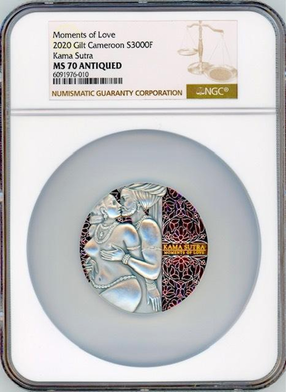 KAMA SUTRA MOMENTS OF LOVE II 2020 CAMEROON 3oz NGC MS 70 ANTIQUED