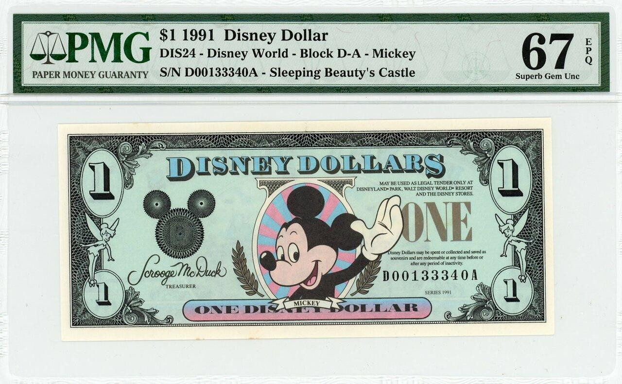 1991 $1 Disney Dollar Mickey PMG 67 EPQ TOP POP (DIS24)