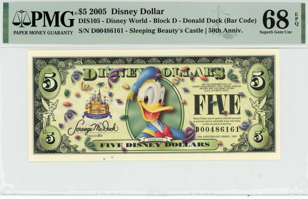 ディズニードル 1ドル 5ドル計５枚 2005 $5 Disney Dollar Donald Duck (Bar Code) PMG 68 EPQ