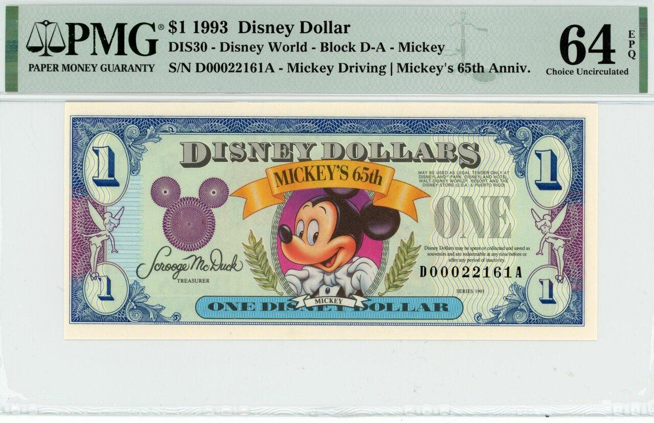 1993 $1 Disney Dollar Mickey 65th Anniv. PMG 64 EPQ (DIS30)