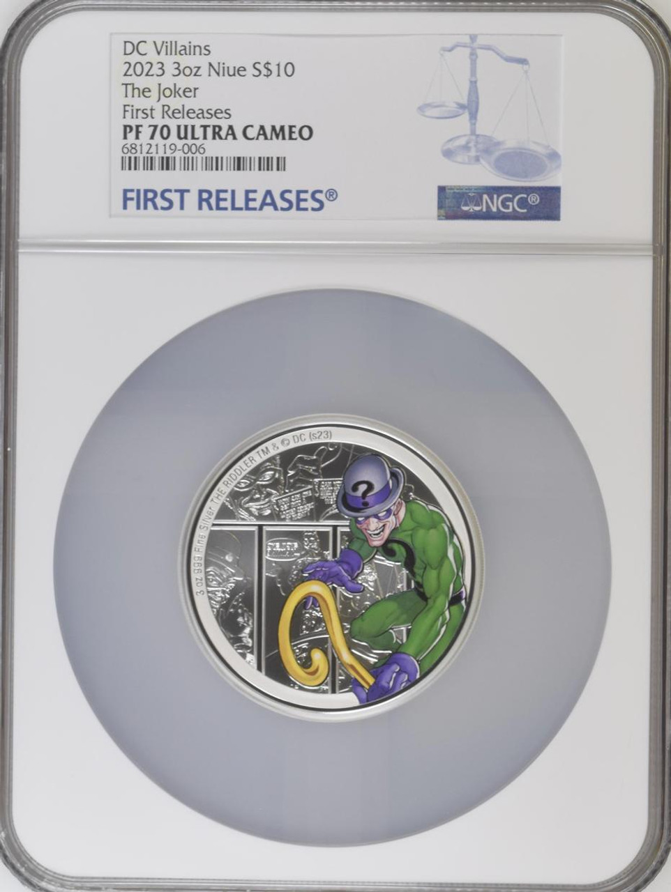 Error Label RIDDLER / Joker DC Villains 3 Oz Silver Coin 10$ 2023 Niue NGC  70