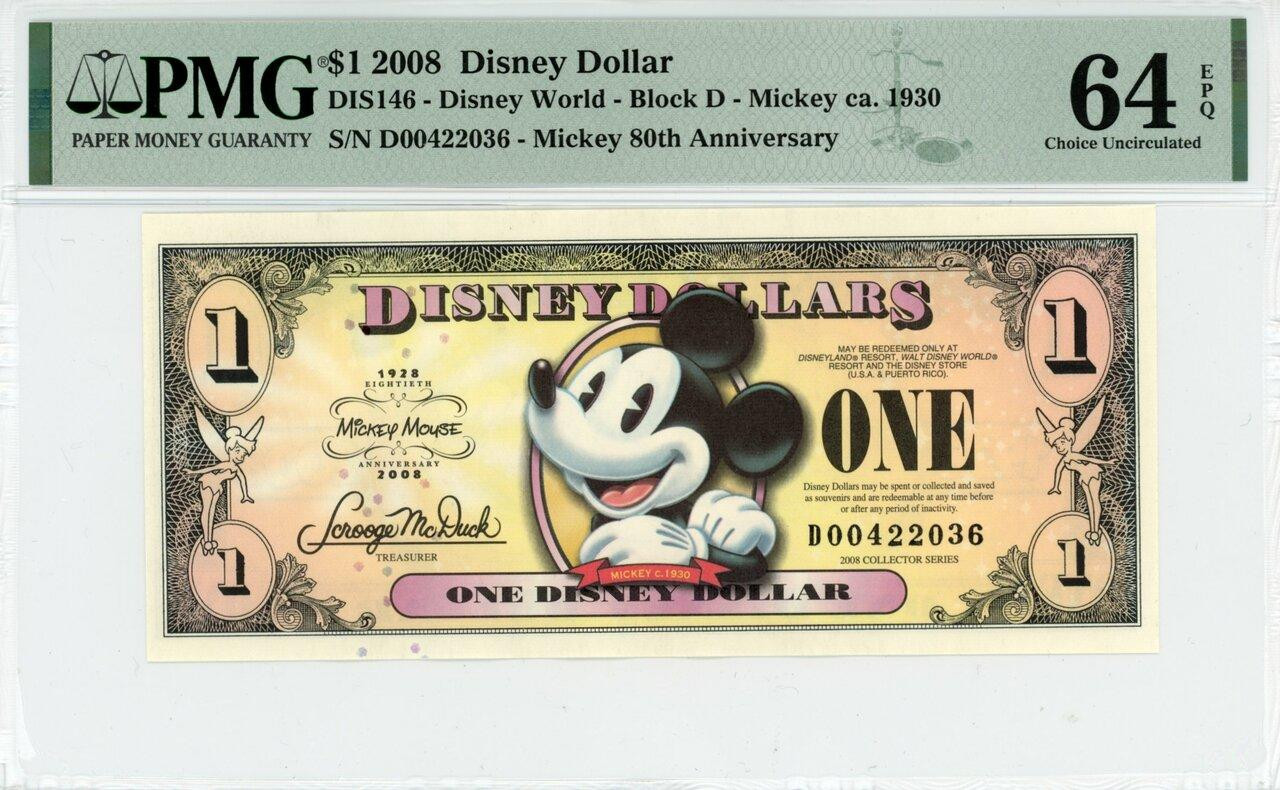 2008 $1 Disney Dollar Mickey Ca. 1930 PMG 64 EPQ (DIS146) | Elite