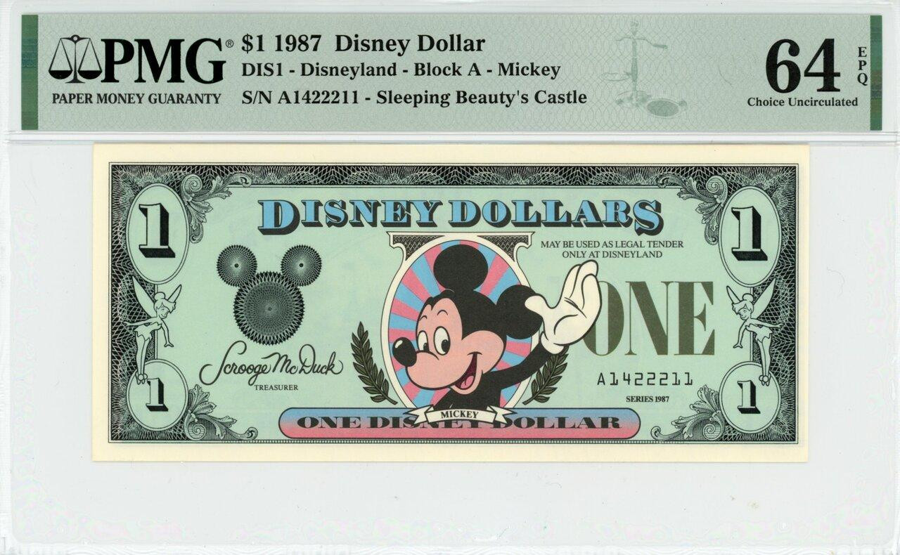 レア 1987年 DisneyDollars カリフォルニア A 1987 $1 Disney Dollar Mickey PMG 64 EPQ (DIS1) | Elite Coinage Co.