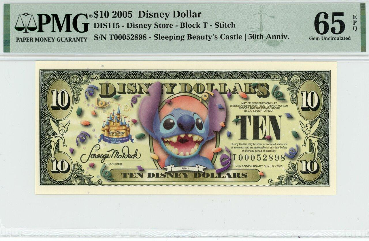2005 $10 Disney Dollar Stitch (no Bar Code) 50th Anniv. PMG 65 EPQ