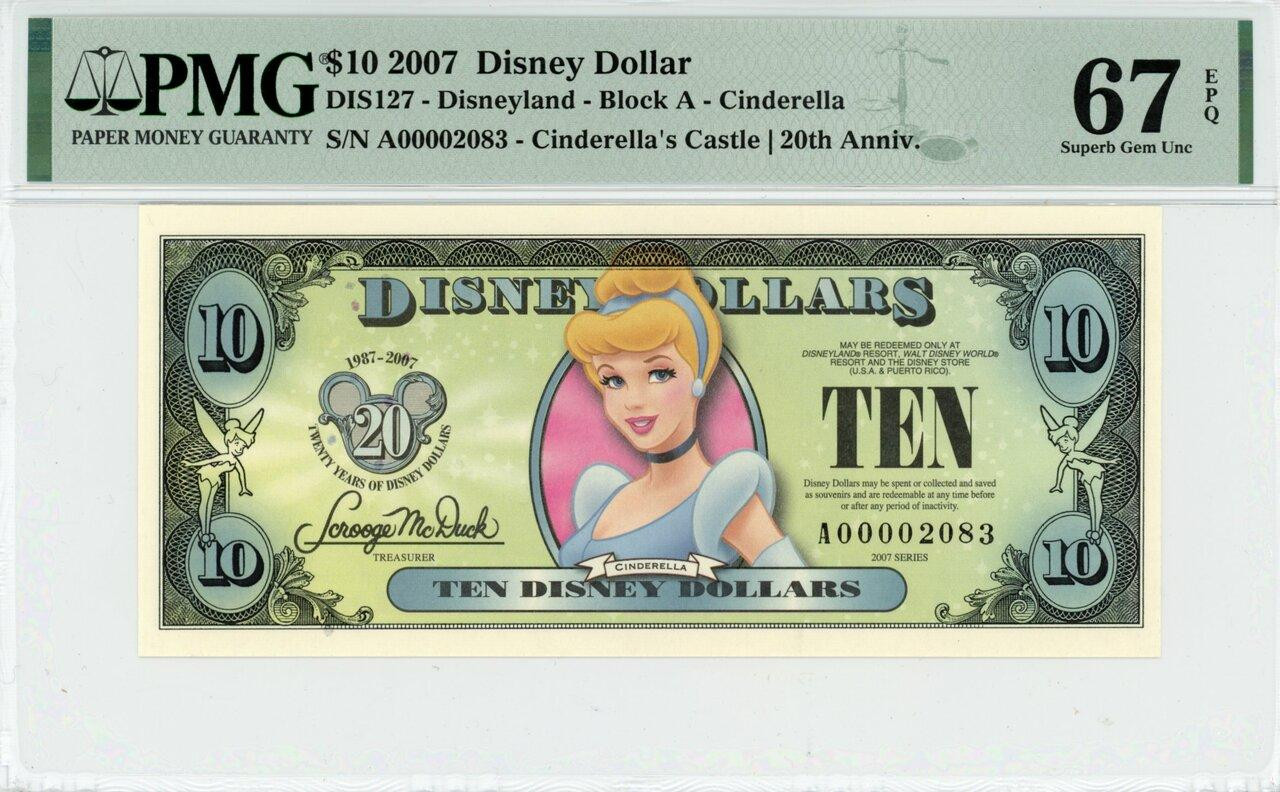 2007 $10 Disney Dollar Cinderella 20th Anniv. PMG 67 EPQ (DIS127