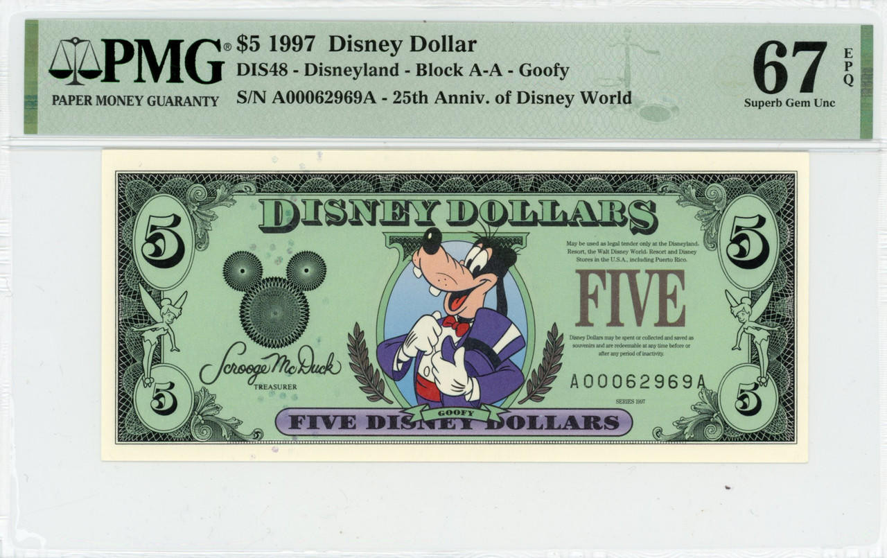 1997 $5 Disney Dollar Goofy PMG 67 EPQ (DIS48) | Elite Coinage Co.