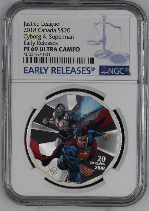 JUSTICE LEAGUE CYBORG & SUPERMAN 2018 CANADA $20 SILVER COIN NGC PF 69 UC ER