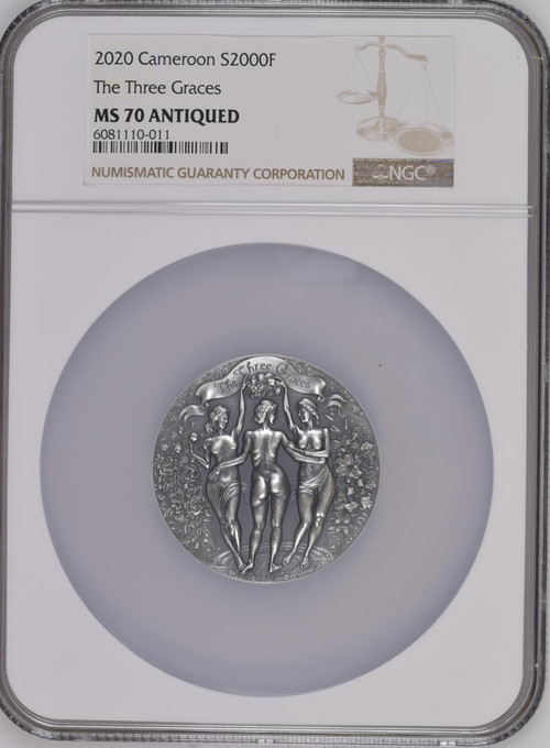 THE THREE GRACES 2020 CAMEROON 2oz 2000 FRANCS SILVER COIN NGC MS 70 ANTIQUED