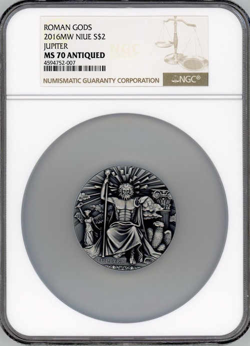 JUPITER ROMAN GODS SERIES 2016 NIUE 2oz SILVER COIN NGC $2 MS 70 HR ANTIQUED