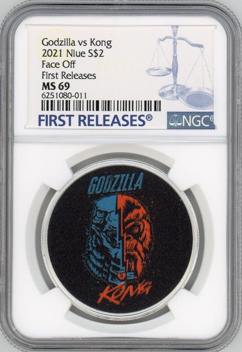 GODZILLA VS KONG FACE OFF 2021 NIUE 1oz $2 SILVER COIN MS69 FIRST RELEASES POP 4