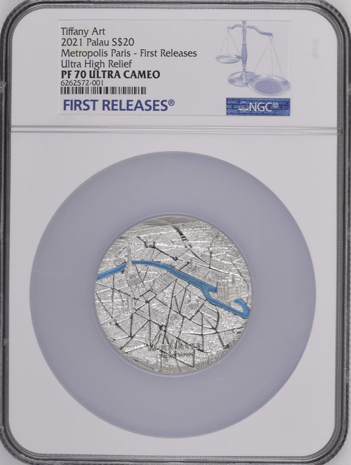 Metropolis Paris Tiffany Art 2021 Palau Ultra HR 3oz PF70 FR $20 Silver Coin