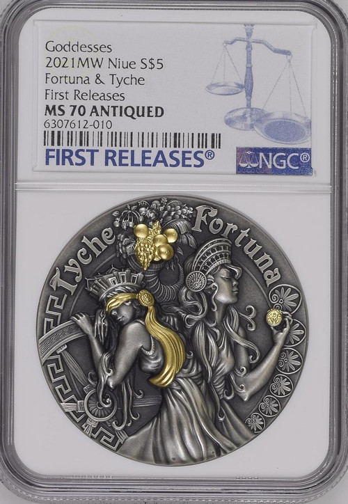 Fortuna & Tyche Goddesses 2021 NIUE 2oz Antique Finish Silver Coin 5$ NGC MS 70