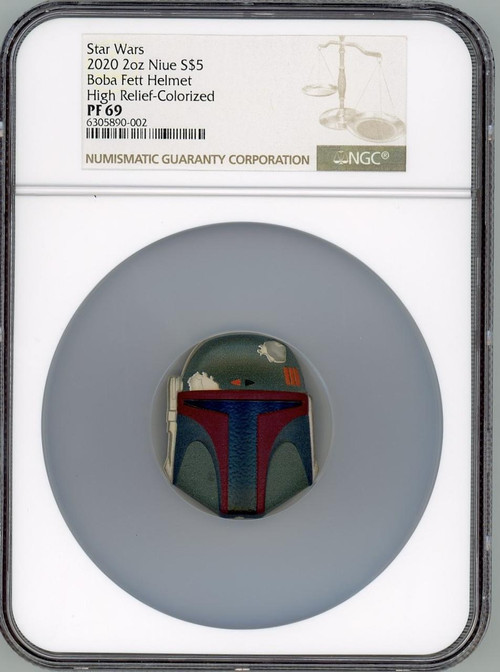 Star Wars Boba Fett Helmet 2oz Silver Proof Colorized 2020 Niue Coin NGC PF69