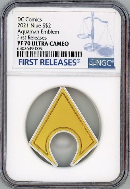 DC Heroes AQUAMAN Emblem 2021 Niue 1 oz Silver Coin $2 NGC PF70 UC FR