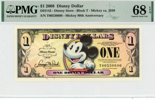 2008 $1 Disney Dollar Mickey Ca. 1930 PMG 68 EPQ TOP POP (DIS143)