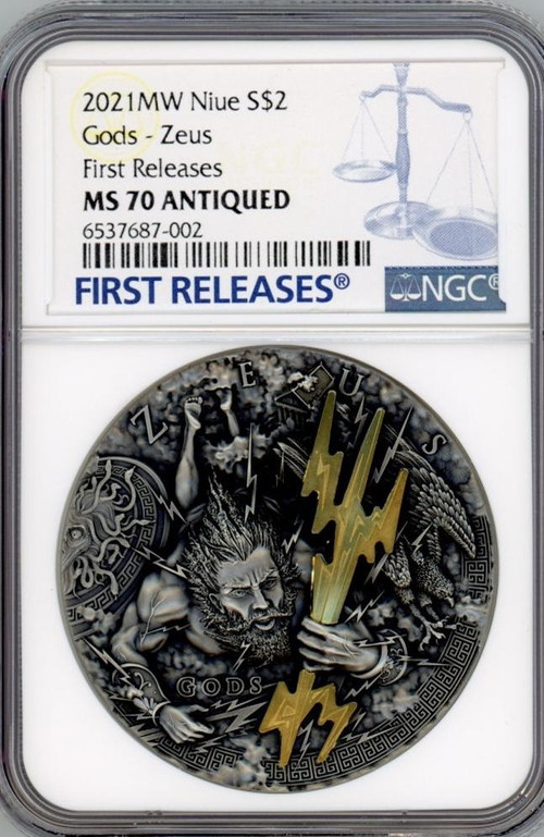 2021 MW Niue Gods Series Zeus High Relief 2 oz Silver Antiqued $2 Coin NGC 70 FR