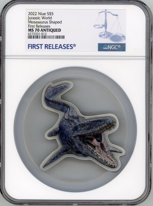 NEW Jurassic World Mosasaurus Coin 2022 Niue $5 2oz Silver Antiqued NGC 70 FR