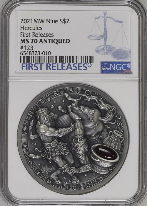 Demigods Hercules 2021 Niue Ultra High Relief 2oz Silver Red Garnet NGC 70 FR