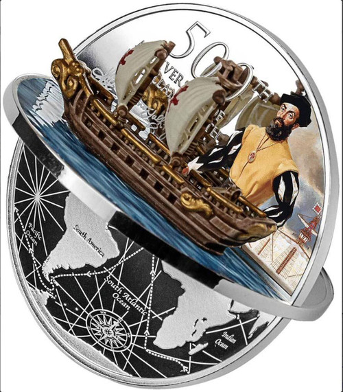 FERDINAND MAGELLAN 500th Anniversary 3D Shape 2oz Silver Coin 5$ Niue