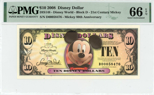 2008 $10 Disney Dollar Mickey 80th Anniversary PMG 66 EPQ (DIS148)