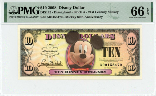 2008 $10 Disney Dollar Mickey 80th Anniversary PMG 66 EPQ (DIS142)