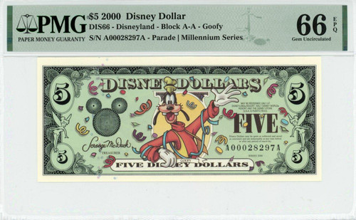 2000 $5 Disney Dollar Goofy Millennium Series PMG 66 EPQ (DIS66) TOP POP