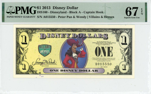 2013 $1 Disney Dollar Captain Hook PMG 67 EPQ (DIS160)