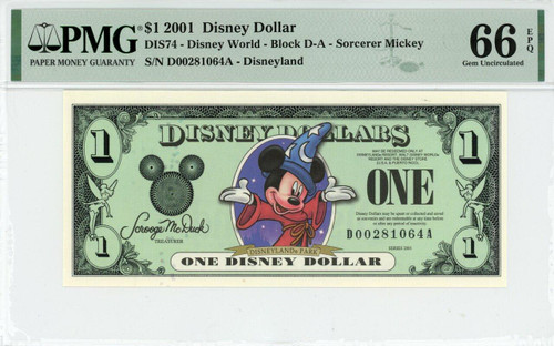 2001 $1 Disney Dollar Sorcerer Mickey PMG 66 EPQ TOP POP (DIS74)