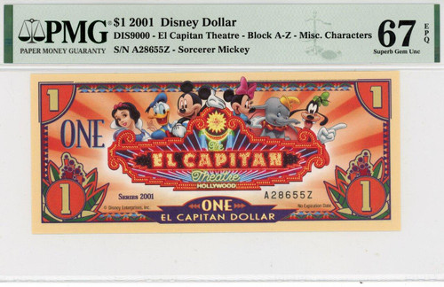 2001 $1 Disney Dollar El Capitan Theatre PMG 67 EPQ TOP POP (DIS9000)