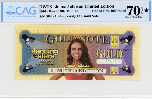 Dancing With The Stars Limited Edition 24K Gold Note Jenna Johnson First 100 Issued 70 ✮ EPQ By CAG