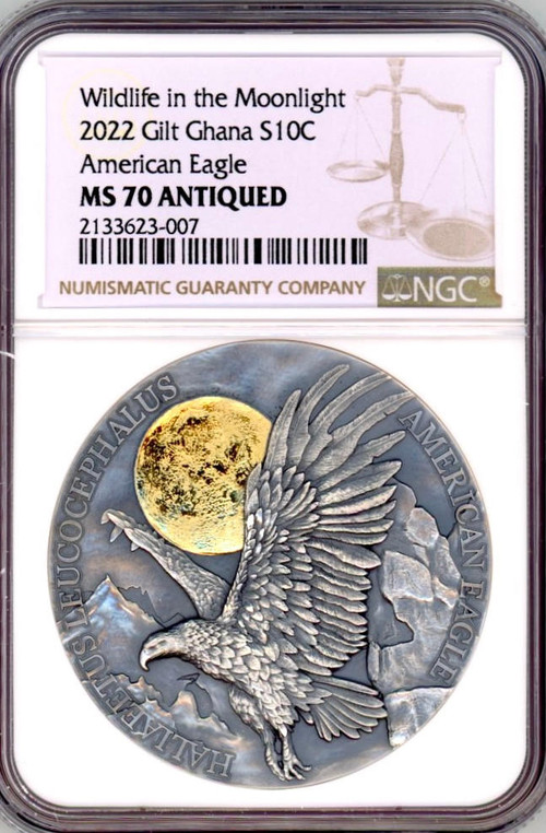 2022 Ghana 10 Cedis 2oz Silver Wildlife In The Moonlight American Eagle Antique