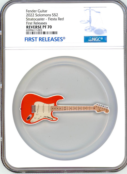 2022 Solomon Is 1 oz Silver Fender Stratocaster Fiesta Red Guitar Coin Pamp NGC