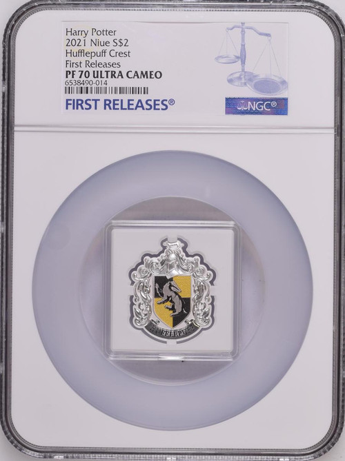 2021 Niue $2 Harry Potter Hufflepuff Crest 1oz .999 Fine Silver Coin NGC 70 FR