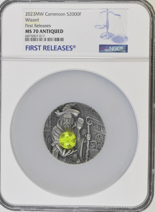 2023 Cameroon Wizard 2 oz Silver Coin NGC 70 FR Antiqued With Fluorescent Insert